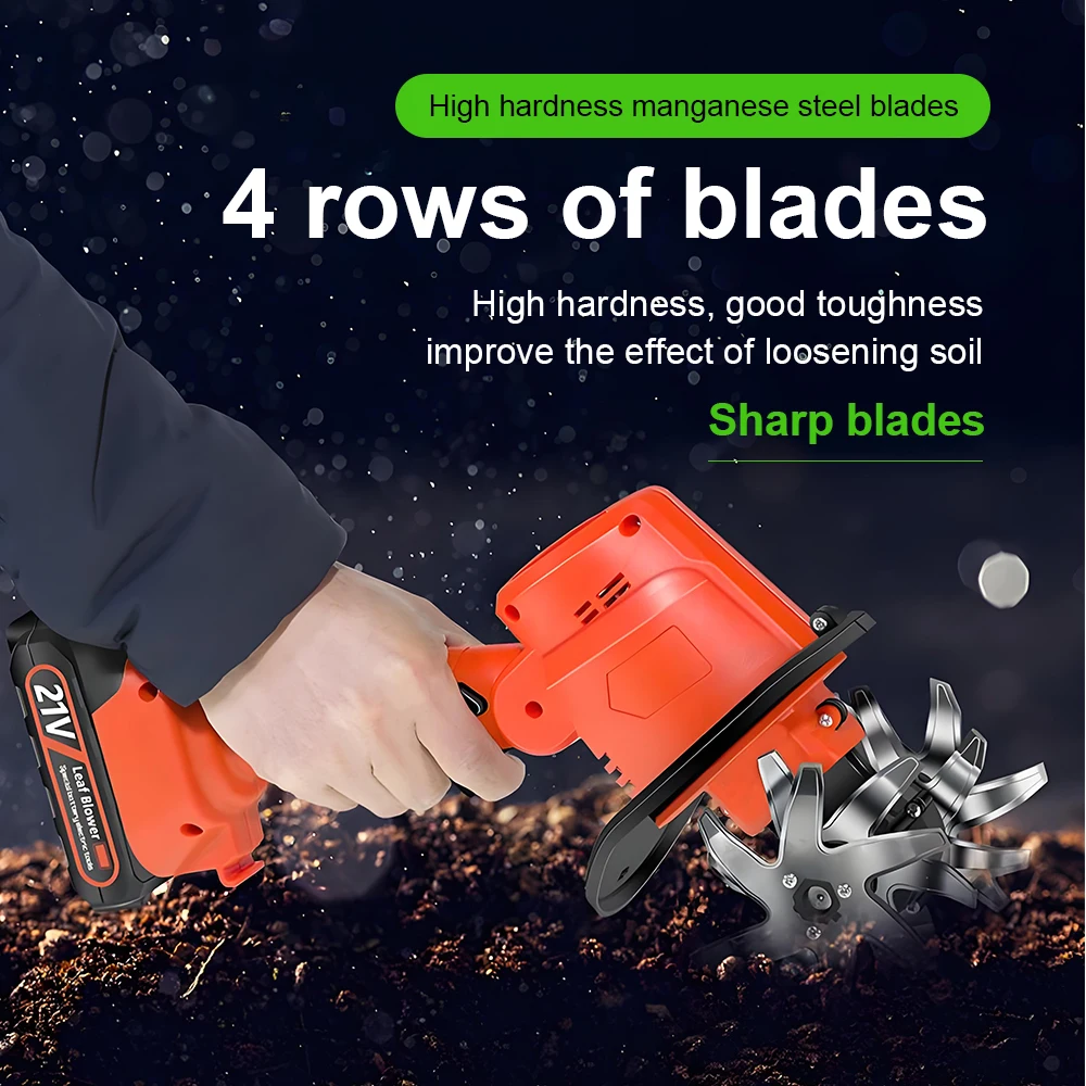 Cordless Soil Tiller with 21–24 V Lithium Battery