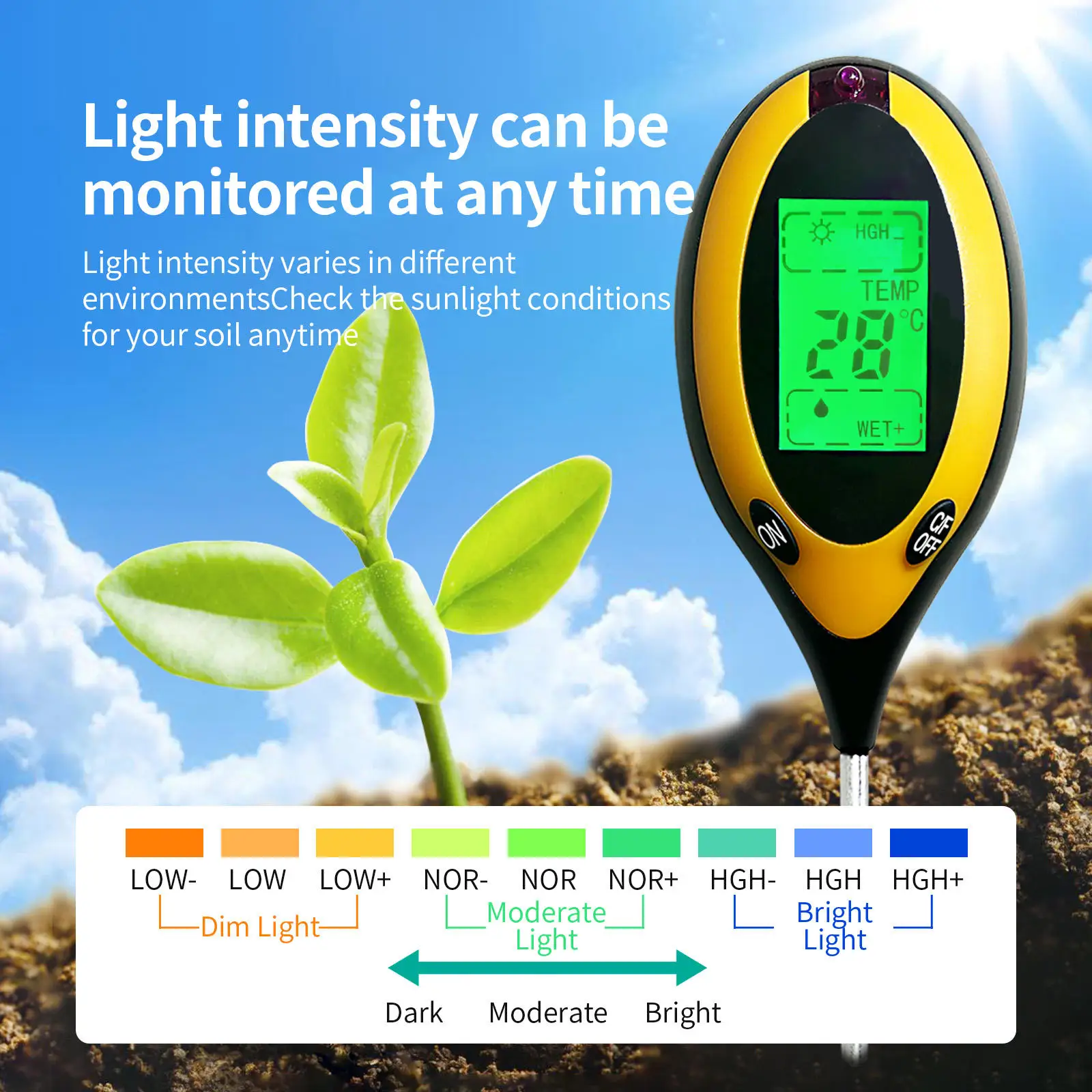 Soil Tester (3-in-1 or 4-in-1) for pH, Moisture, Temperature & Light