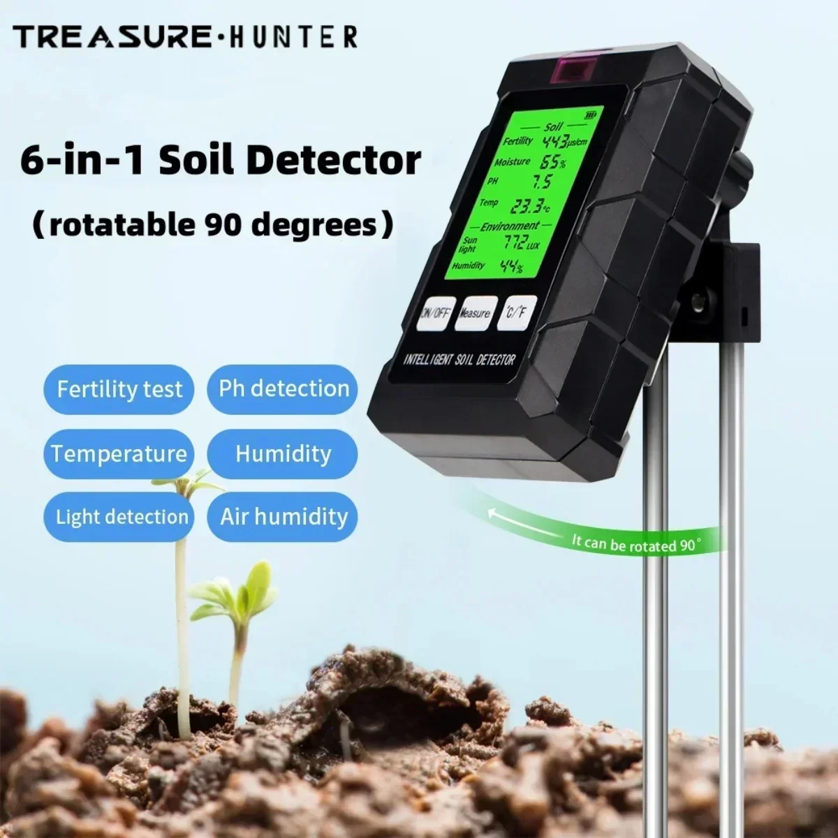 Soil Tester (6-in-1) for pH, Temperature, Moisture, Sunlight, Air Humidity & Soil Fertility