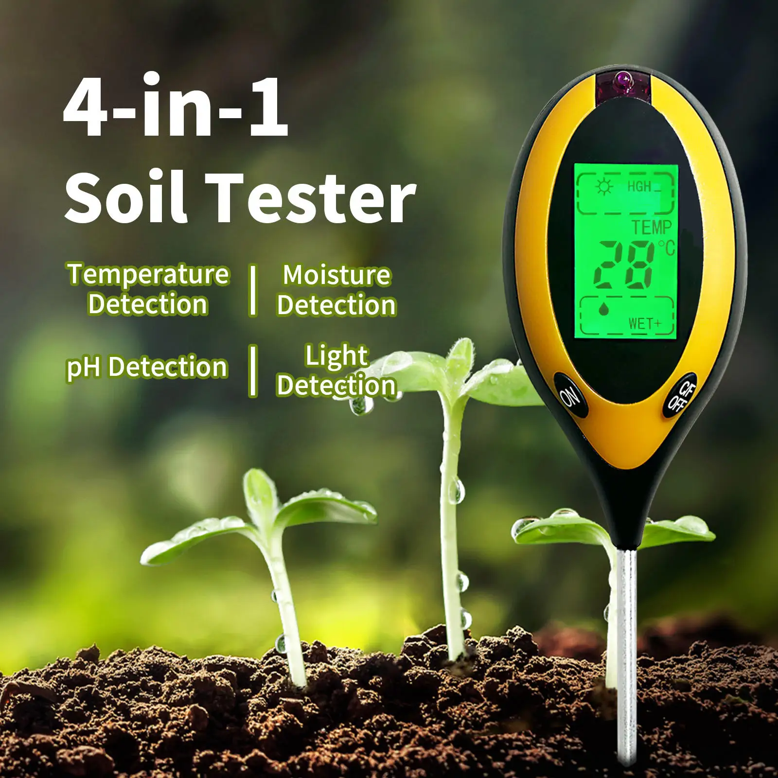 Soil Tester (3-in-1 or 4-in-1) for pH, Moisture, Temperature & Light