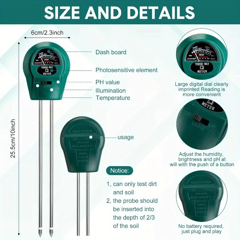 Soil Tester (3-in-1 or 4-in-1) for pH, Moisture, Temperature & Light